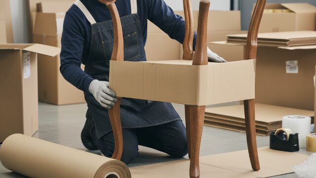 ロール状の巻きダンボールを広げ、複雑な形状の美術品や家具を丁寧に包み、衝撃から保護している