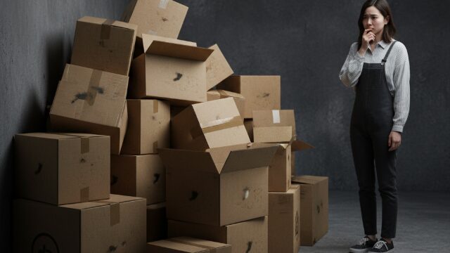 倉庫の裏などに置かれた、汚れや破損が見られる使用済みの無料ダンボール箱