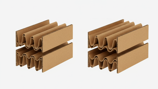 ダンボールの強度を示すフルート(波状部分)の層の違いを比較した、シンプルでクリーンな断面図