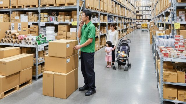 ホームセンターの広々とした資材館にある、大量のダンボール箱が積まれた梱包用品売り場