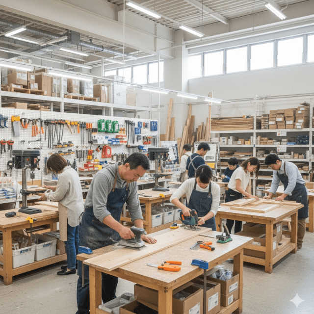 ハンズマン木材カット お客様工作室で自分での作業も可能