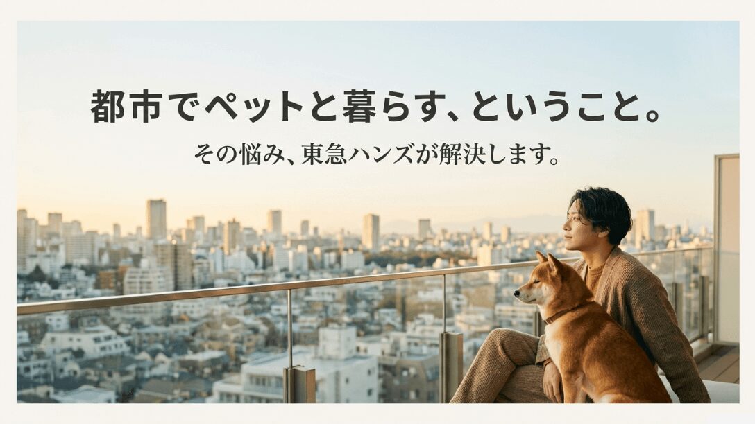 マンションのベランダで愛犬とくつろぐ男性と都市の景色