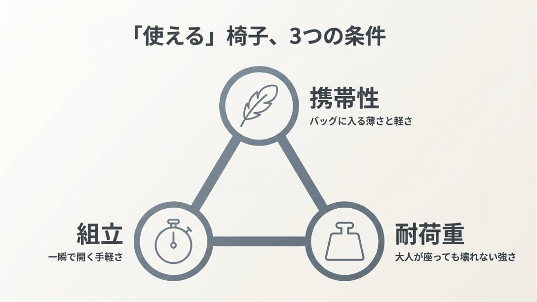 使える椅子の3条件として、バッグに入る携帯性、一瞬で開く組立、大人が座っても壊れない耐荷重を紹介するスライド