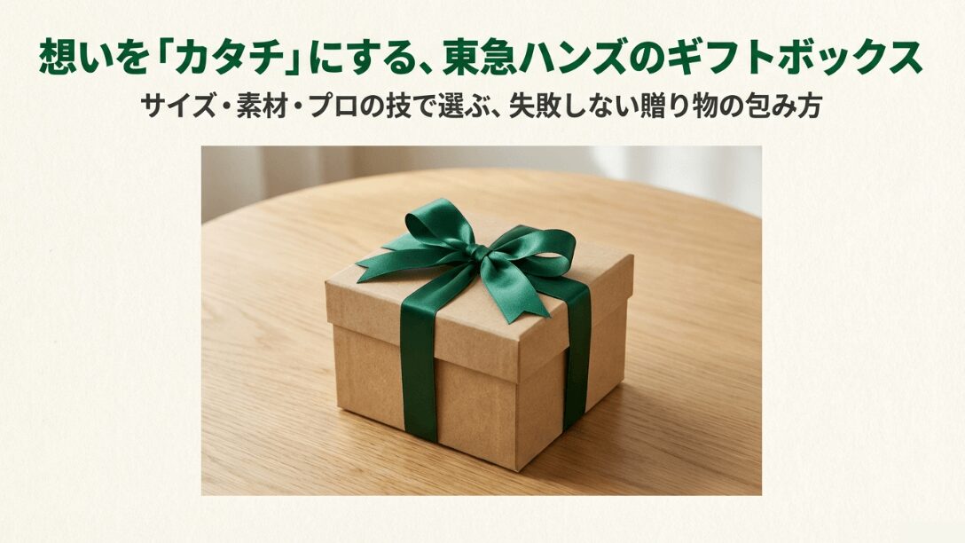深緑のリボンが綺麗に結ばれた、東急ハンズのシンプルで上品なクラフトギフトボックスのイメージ写真