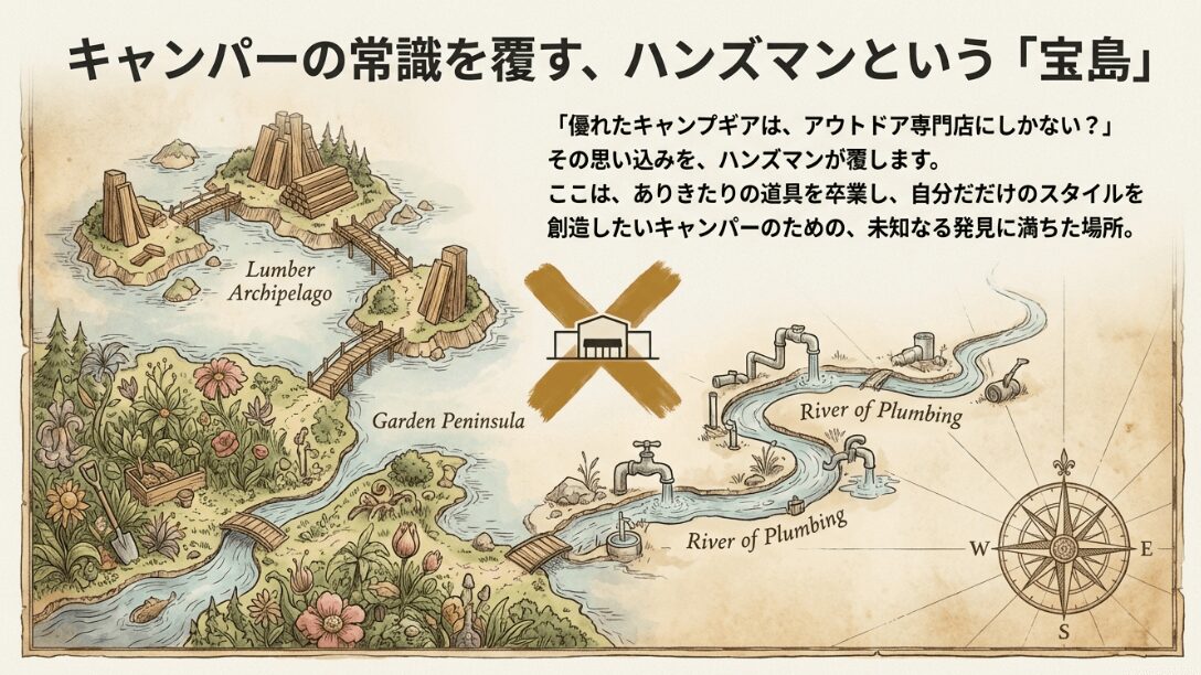 ハンズマンはアウトドア専門店の常識を覆す未知なる発見に満ちた宝島であることを伝えるスライド