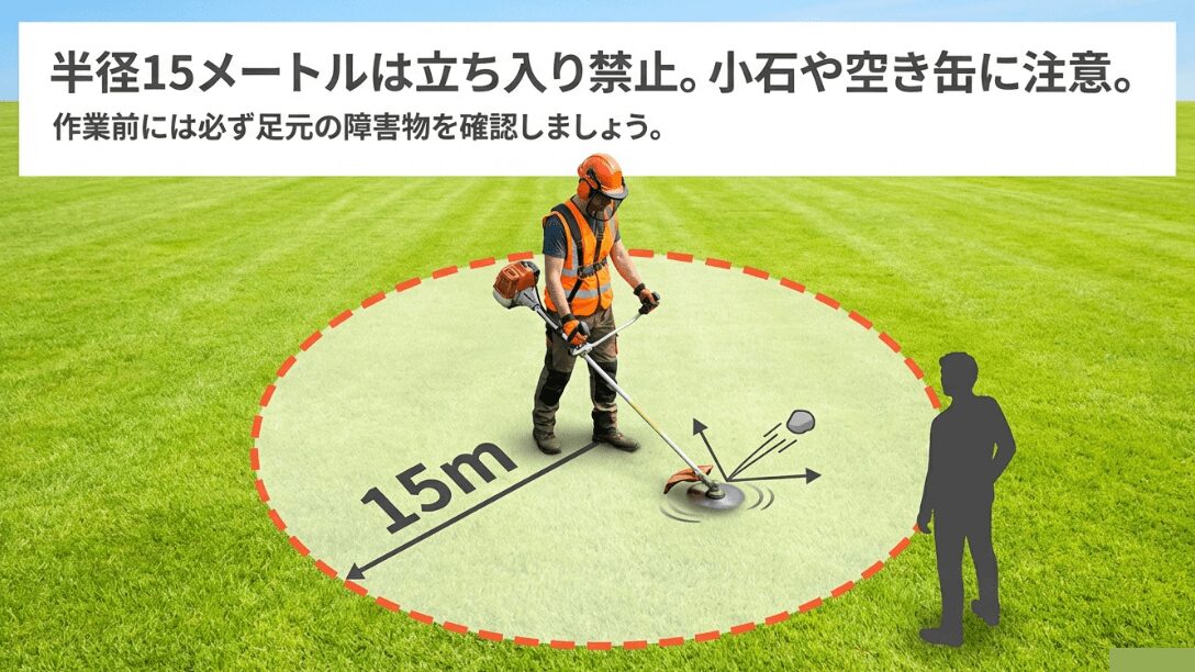 半径15メートル以内の立ち入り禁止と、小石や空き缶などの障害物を事前に確認する重要性を示すスライド。