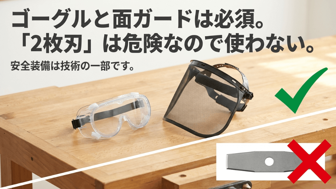 ゴーグルと面ガードは必須。危険な2枚刃は使わないよう促す安全啓発スライド。