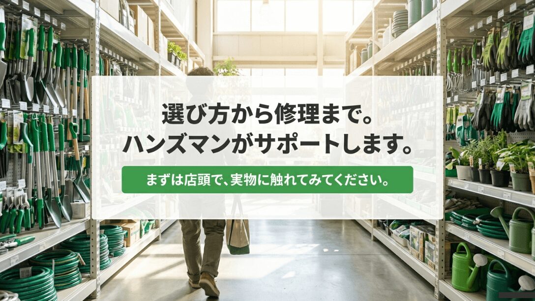 選び方から修理までハンズマンがサポート。店頭で実物に触れることを勧めるエンディングスライド。