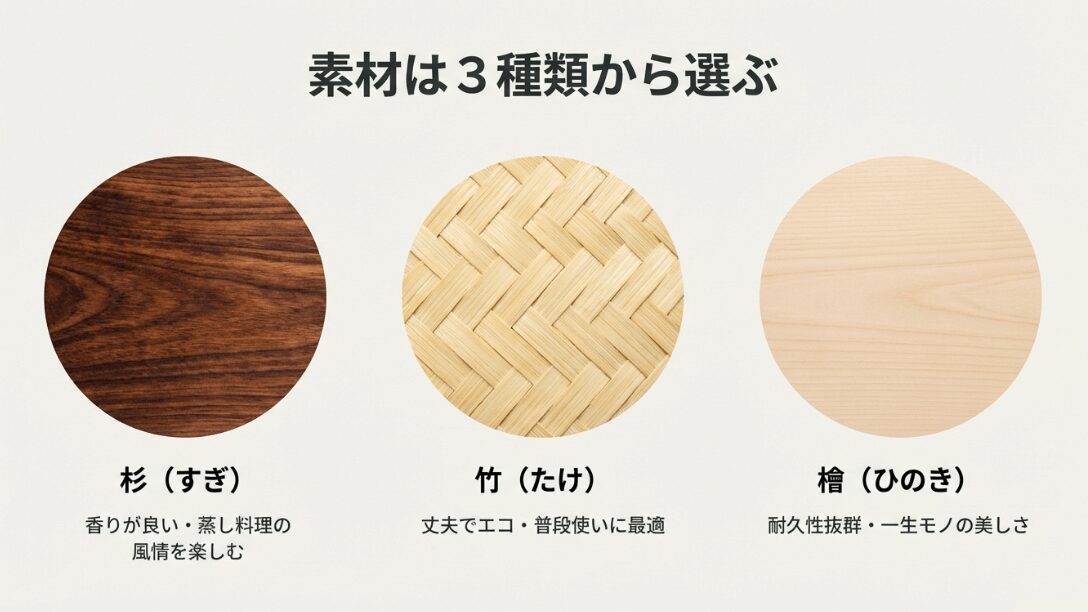 香りが良い杉、丈夫な竹、耐久性抜群の檜という3種類の素材の違いをまとめたスライド 。