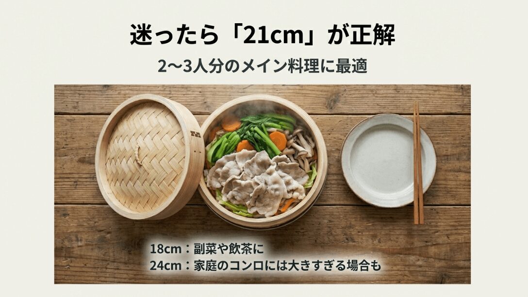 迷ったら21cmが正解、副菜には18cm、大きなコンロには24cmといったサイズ選びの目安 。