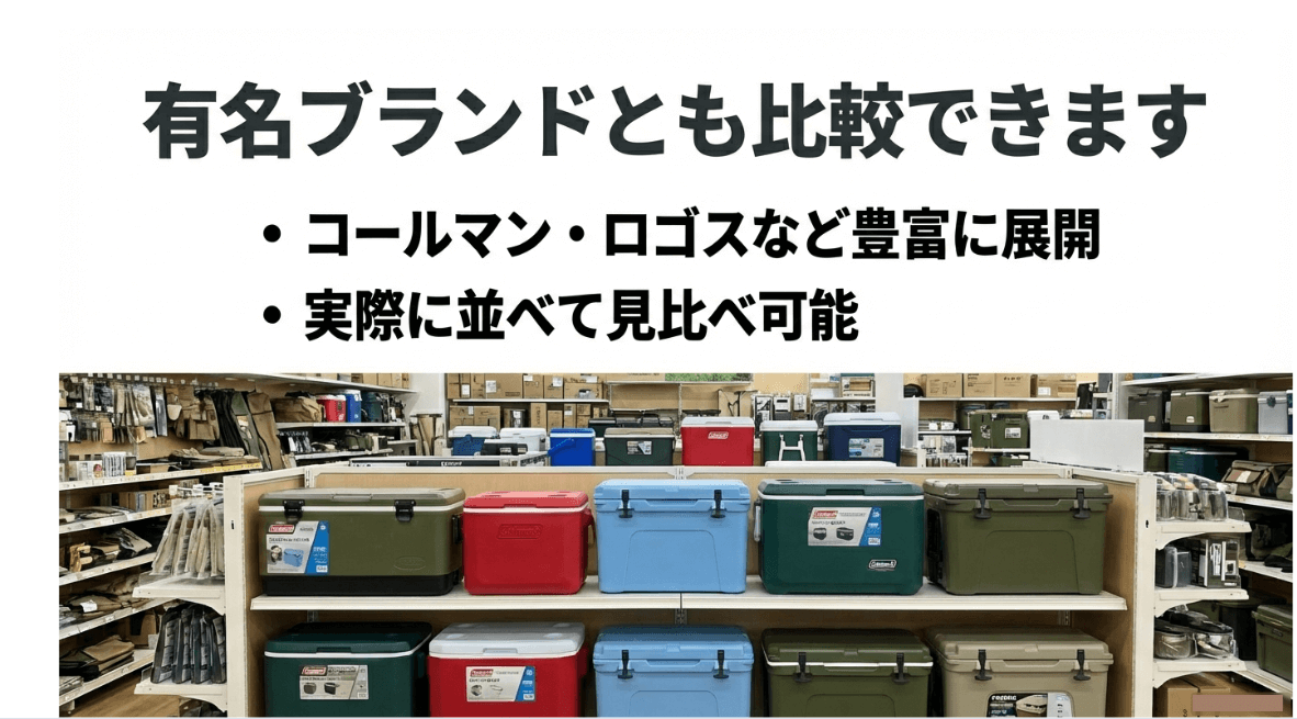 コールマンやロゴスなどの有名ブランドを実際に並べて見比べられる売り場