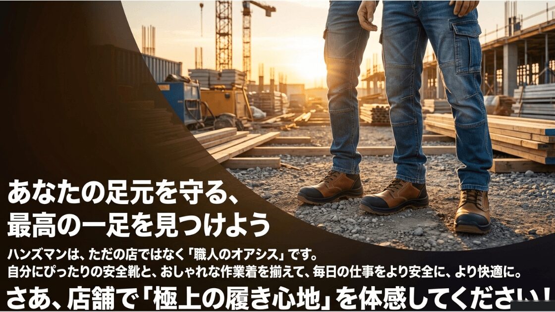 ハンズマンは職人のオアシス。自分にぴったりの安全靴と作業着で、毎日をより安全・快適に過ごすことを提案する締めくくりのスライド