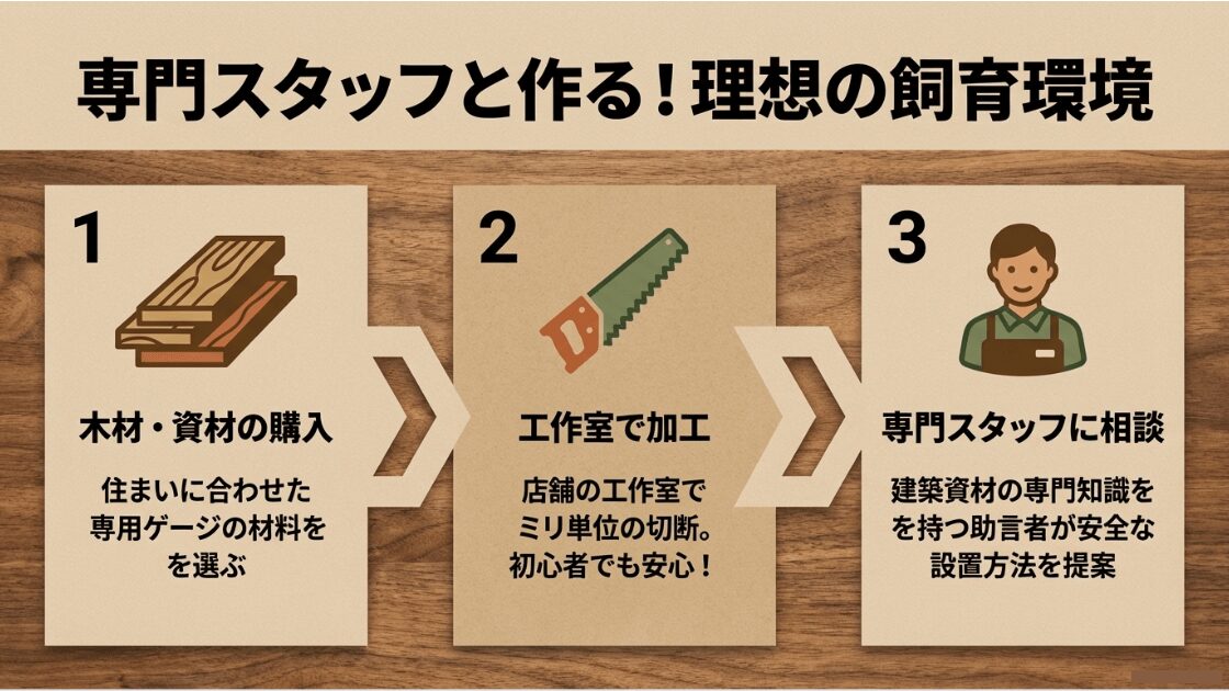 木材の購入から工作室での加工、専門スタッフへの相談ステップの紹介