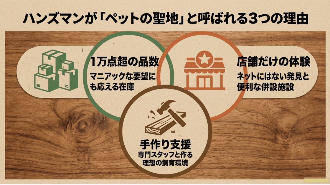 在庫1万点超・店舗体験・手作り支援の3つの魅力を解説したスライド