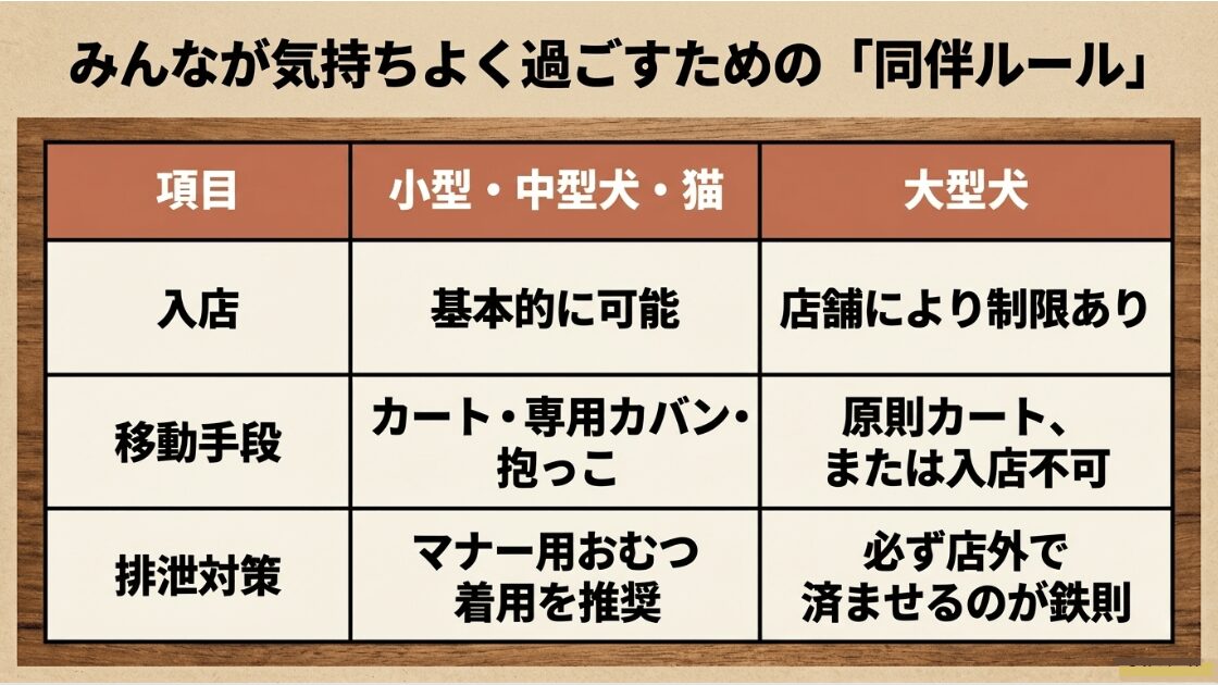 小型・中型犬と大型犬の入店ルールや移動手段をまとめた比較表