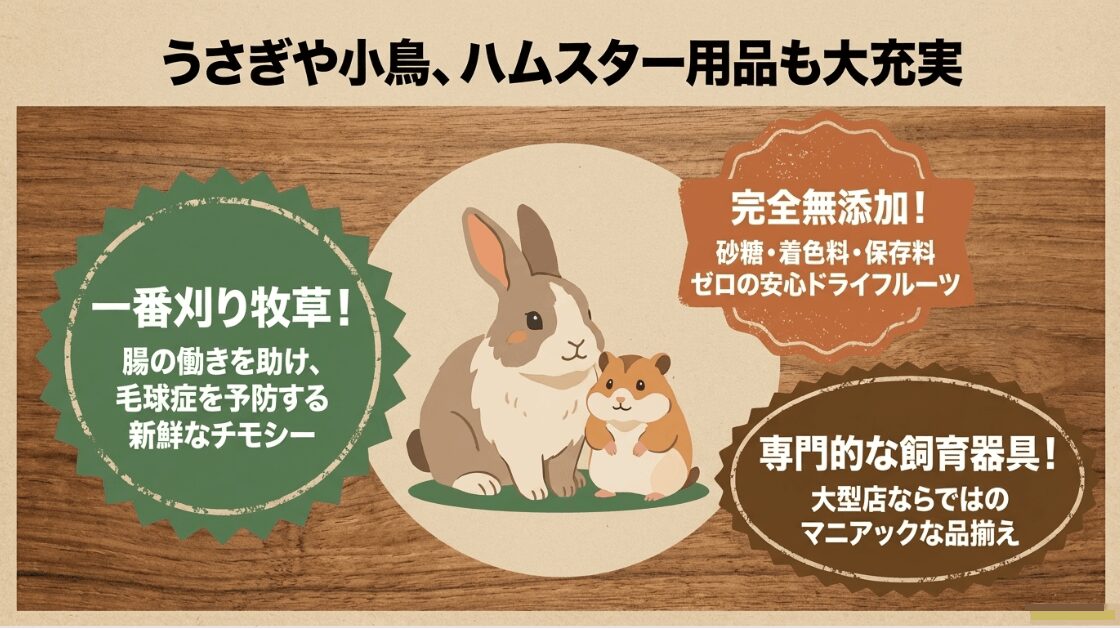 うさぎの一番刈り牧草や無添加ドライフルーツなど小動物用品の紹介