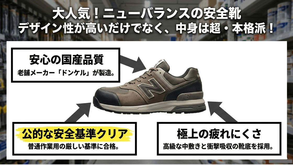 ニューバランスの安全靴はドンケル製造で、JSAAの厳しい安全基準をクリア。高級インソールによる疲れにくさとデザイン性を両立