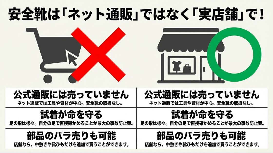 安全靴は公式通販での取り扱いがなく、試着が事故防止に直結すること、店舗なら消耗品のバラ売りも可能であることを説明する図