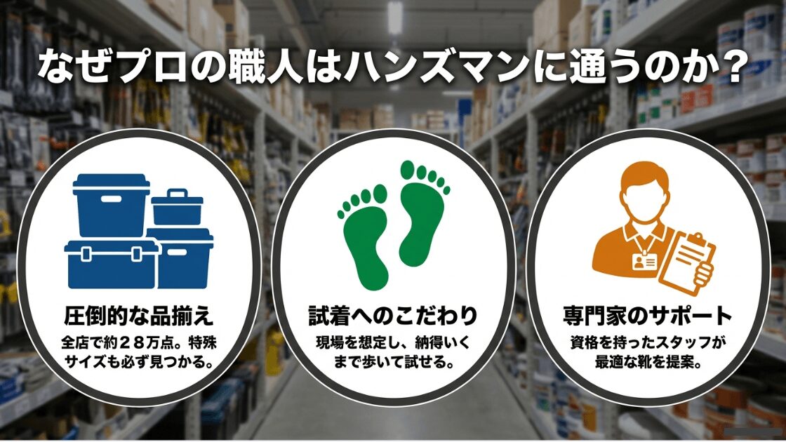 プロの職人がハンズマンに通う理由として、28万点の品揃え、納得いくまでの試着、専門家によるサポートを挙げた解説図