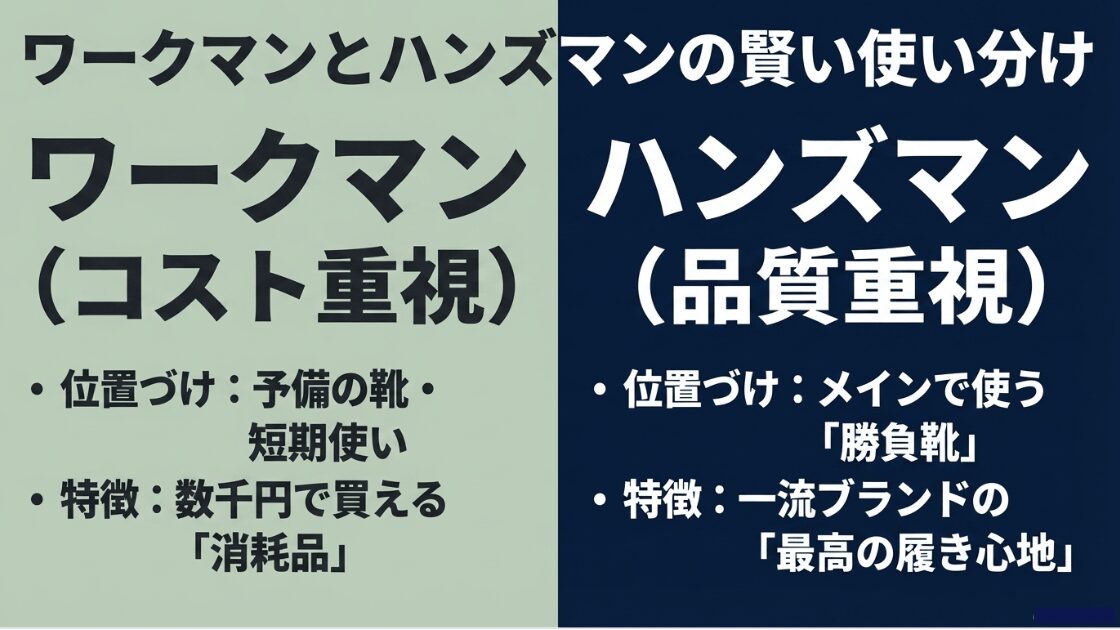 コスト重視のワークマンは予備や短期使い、品質重視のハンズマンはメインの勝負靴として使い分けるポイントをまとめた図